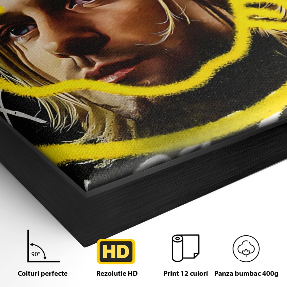 Detaliu al suprafetei: tablou canvas cu portretul lui kurt cobain, in rama de aluminiu negru